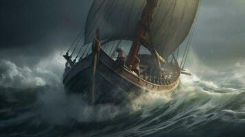 majestueus viking schip het zeilen Aan stormachtig zeeën met foto