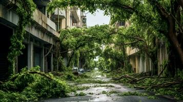 overwoekerd met vegetatie en bomen straat in stad foto