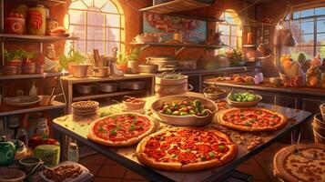 pizzeria met verscheidenheid van pizza's en toppings foto