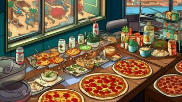 pizzeria met verscheidenheid van pizza's en toppings foto