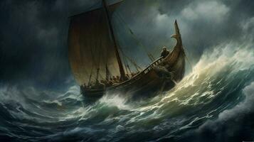 stormachtig zee met viking schip rijden de golven foto