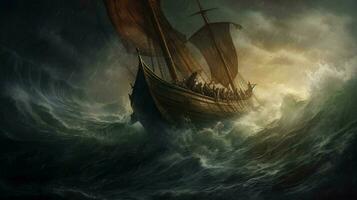 stormachtig zee met viking schip rijden de golven foto
