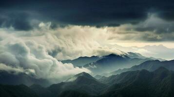 dik wolken in lucht over- bergen na nasleep foto