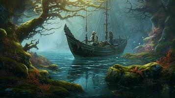 getij zwembad met viking schip Bij anker omringd foto