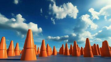 verkeer kegels in een stack met blauw lucht en wolken foto