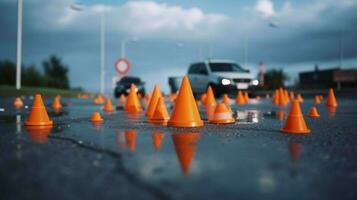 verkeer kegels verspreide Aan de grond foto