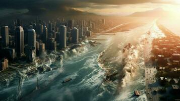 tsunami en kust- overstromingen in een modern metropol foto