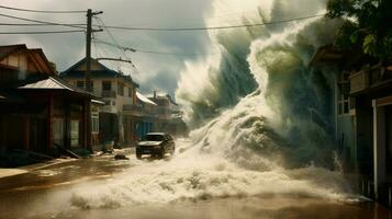 tsunami Golf loopt vast in kust- stad- overstromingen foto