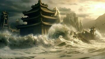 tsunami Golf haast Verleden geruïneerd tempel en vernietigen foto