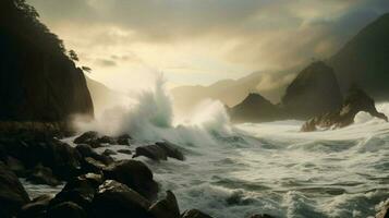 tsunami golven crashen tegen rotsachtig kustlijn foto