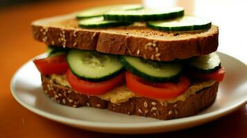 vegetarisch belegd broodje met hummus komkommer en tomaat O foto