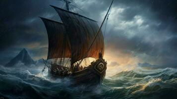 visie van viking schip het zeilen Verleden stormachtig zee met foto