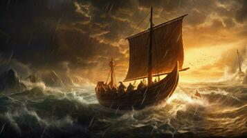 visie van viking schip het zeilen Verleden stormachtig zee met foto
