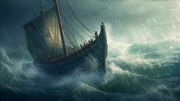 viking schip in stormachtig zee golven crashen tegen foto