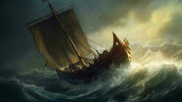 viking schip in stormachtig zee golven crashen tegen foto
