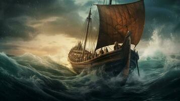 viking schip Aan stormachtig oceaan met golven crashen een foto