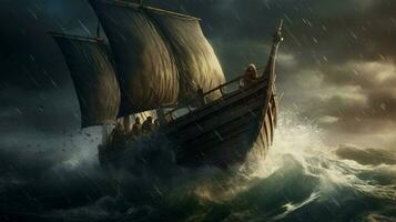viking schip Aan stormachtig zee met golven crashen ove foto