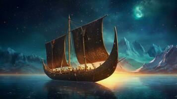 viking schip zeilen tussen de sterren met majestueus v foto
