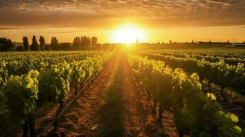 wijngaard met rijen van wijnstokken en instelling zon foto