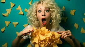 vrouw aan het eten chips persoon foto