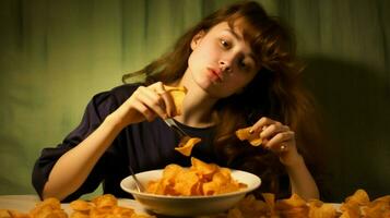 vrouw aan het eten chips voedsel foto