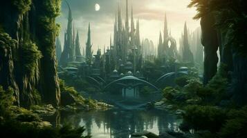 een futuristische elven kasteel in een magisch Woud foto