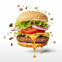 realistisch hamburger met vliegend ingrediënten geïsoleerd foto