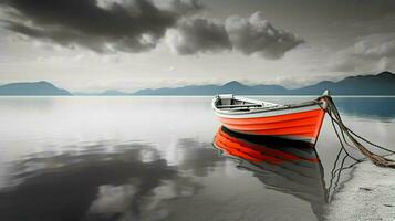 wit en zwart zeegezicht met een gekleurde boot mini foto