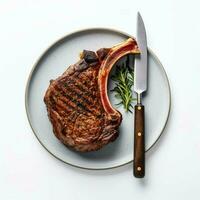 een perfect gegrild tomahawk steak zittend foto