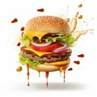 realistisch hamburger met vliegend gescheiden ingrediënten foto