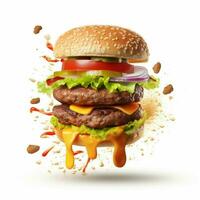 realistisch hamburger met vliegend gescheiden ingrediënten foto