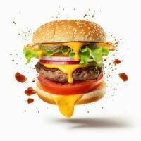 realistisch plakjes vliegend hamburger geïsoleerd Aan wit b foto