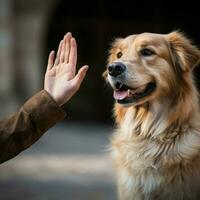 een vriendelijk hond aanbieden een poot voor een handdruk foto