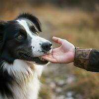 een vriendelijk hond aanbieden een poot voor een handdruk foto