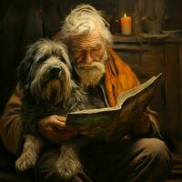 een wijs oud hond met een levenslang van verhalen foto