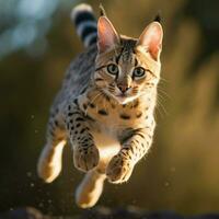 behendig savanne kat springend sierlijk door de lucht foto