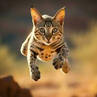 behendig savanne kat springend sierlijk door de lucht foto