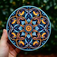 stel je voor een sticker met een ingewikkeld mandala-achtig patroon foto