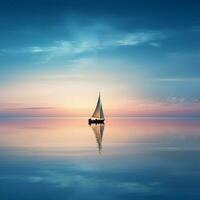 vredig silhouet van een eenzaam zeilboot Aan een kalmte oceaan foto