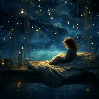 vredig slaap onder een zee van fonkelend sterren foto