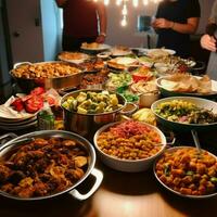 een gemeenschap potluck met een verscheidenheid van gerechten foto