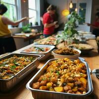 een gemeenschap potluck met een verscheidenheid van gerechten foto