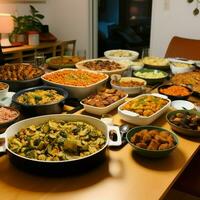 een gemeenschap potluck met een verscheidenheid van gerechten foto