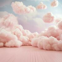 een katoen snoep roze achtergrond met pluizig wolken foto