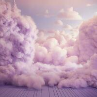 een katoen snoep Purper achtergrond met pluizig wolken foto