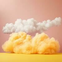 een katoen snoep geel achtergrond met pluizig wolken foto