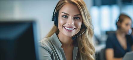 Kaukasisch vrouw telefoontje centrum klant ondersteuning met koptelefoon, ai foto