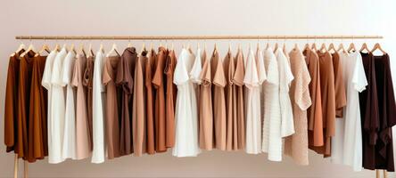 minimalistisch beige vrouw mode jurk kleren boetiek, ai foto