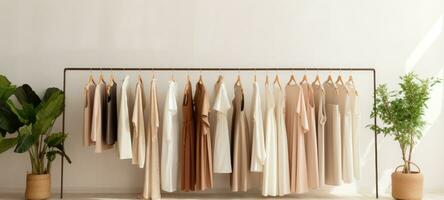 minimalistisch beige vrouw mode jurk kleren boetiek, ai foto