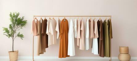 minimalistisch beige vrouw mode jurk kleren boetiek, ai foto